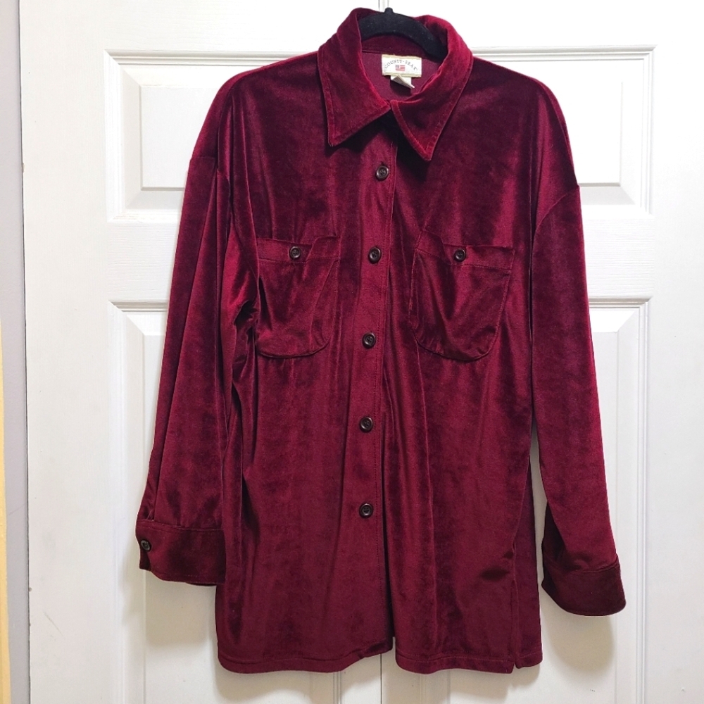 Vintage County Seat Plush‎ Velour Shirt Top in Dark Red/Cranberry Size Large